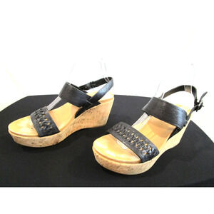 Kork-Ease Austin Braid Platform Black Leather Cork Wedge Sandals Women 9 M